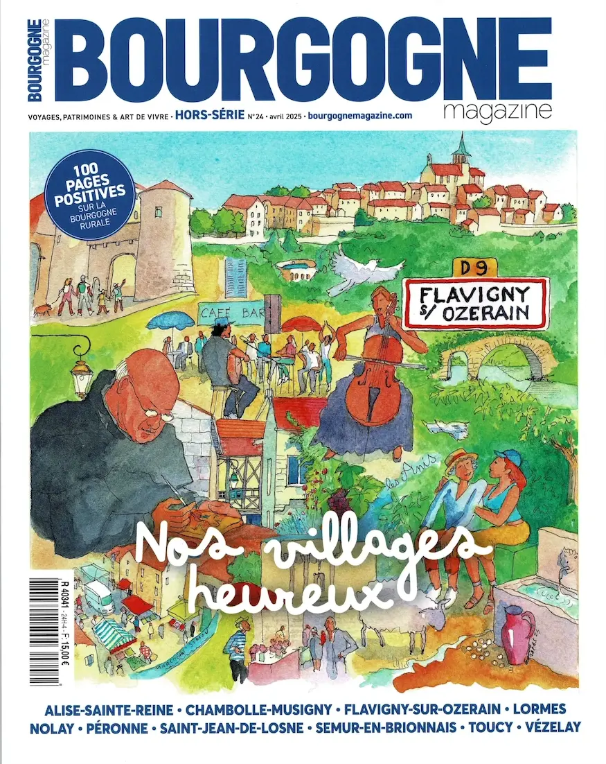 Couverture du hors-série Bourgogne Magazine n° 24 “Nos villages heureux” : illustration de Flavigny-sur-Ozerain (D9) mettant à l’honneur la Maison du Tisserand by Algranate et l’art de vivre bourguignon.
